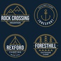 Camp logo set. Camping badges with forest, mountain and tourist tent. Outdoor and sailing emblems. Vector illustration.